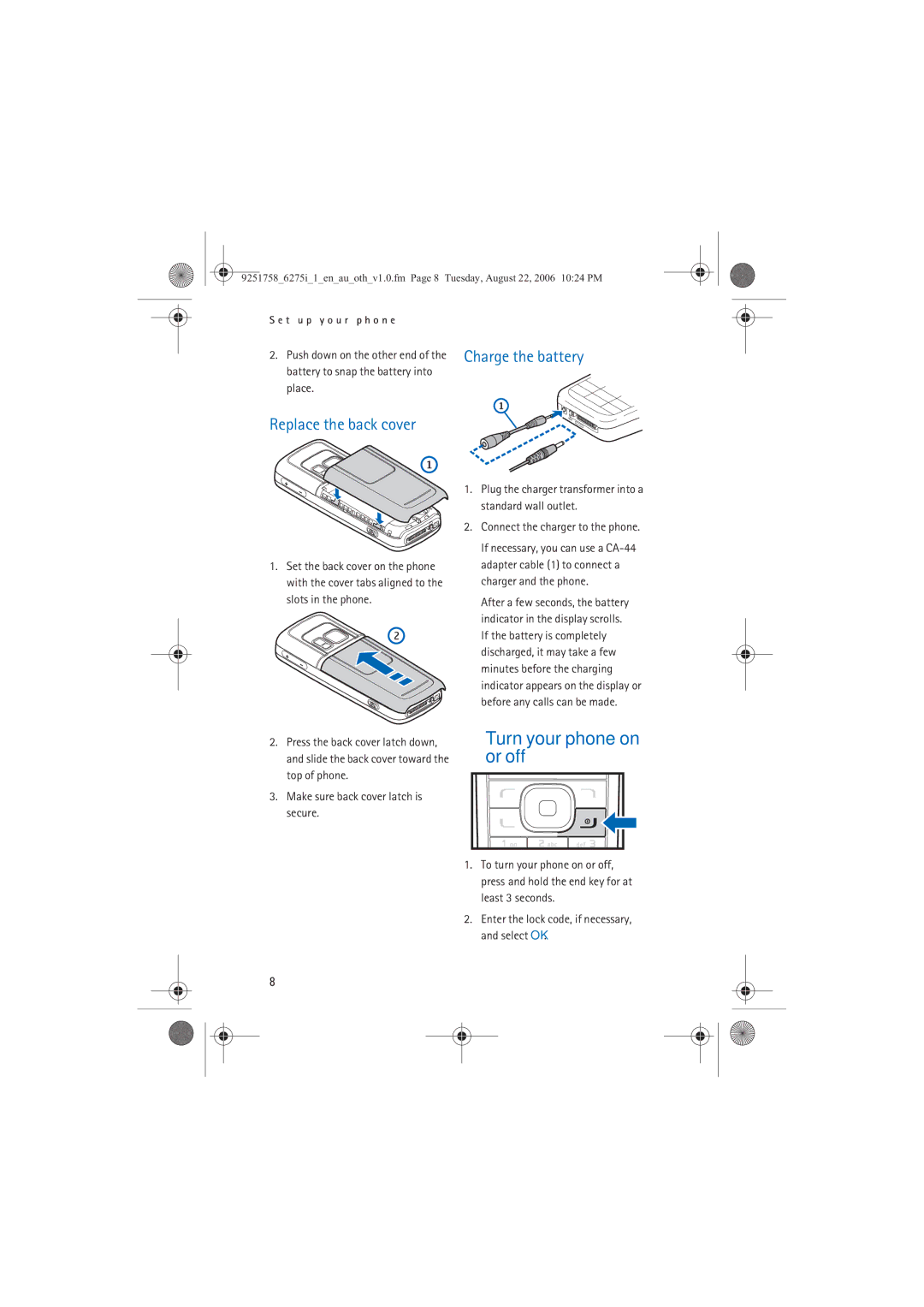 Panasonic 6275I manual Turn your phone on or off, Replace the back cover, Make sure back cover latch is secure 