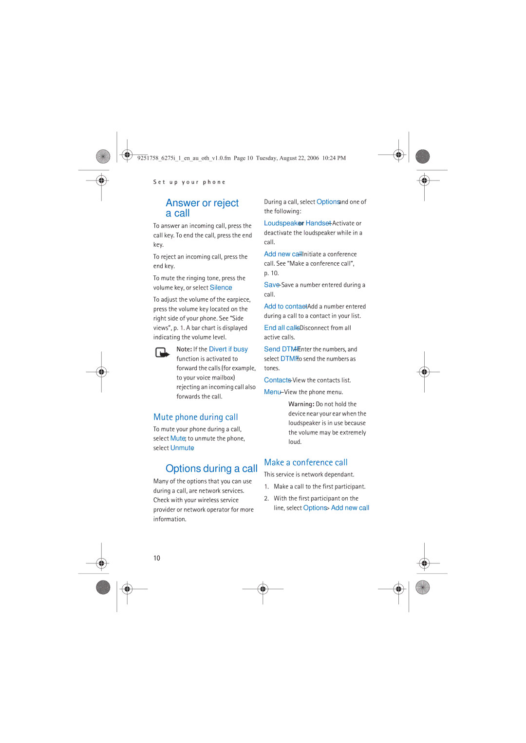 Panasonic 6275I manual Answer or reject a call, Mute phone during call, Make a conference call 