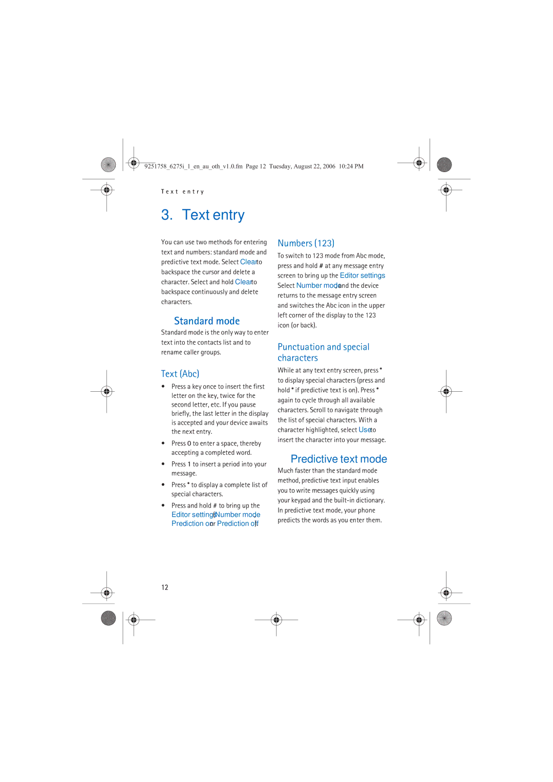 Panasonic 6275I manual Text entry, Standard mode, Predictive text mode 