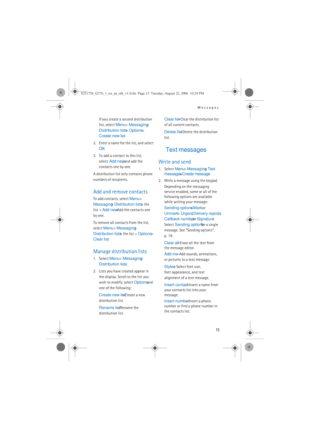Panasonic 6275I manual Text messages, Add and remove contacts, Manage distribution lists, Write and send 