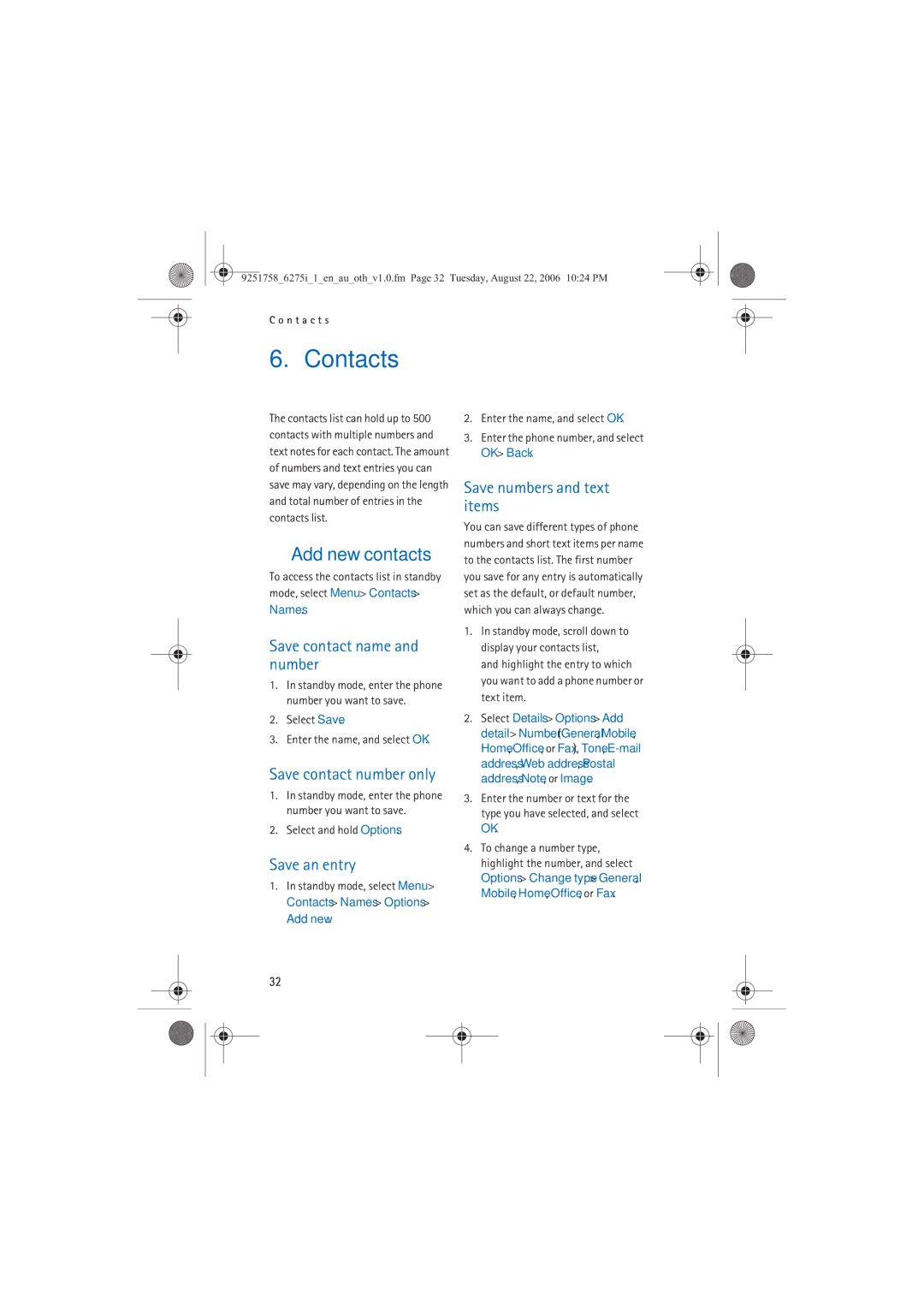 Panasonic 6275I manual Contacts, Add new contacts 