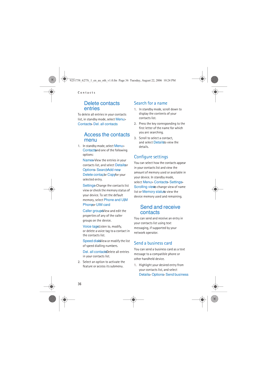 Panasonic 6275I manual Access the contacts menu, Search for a name, Configure settings, Send a business card 