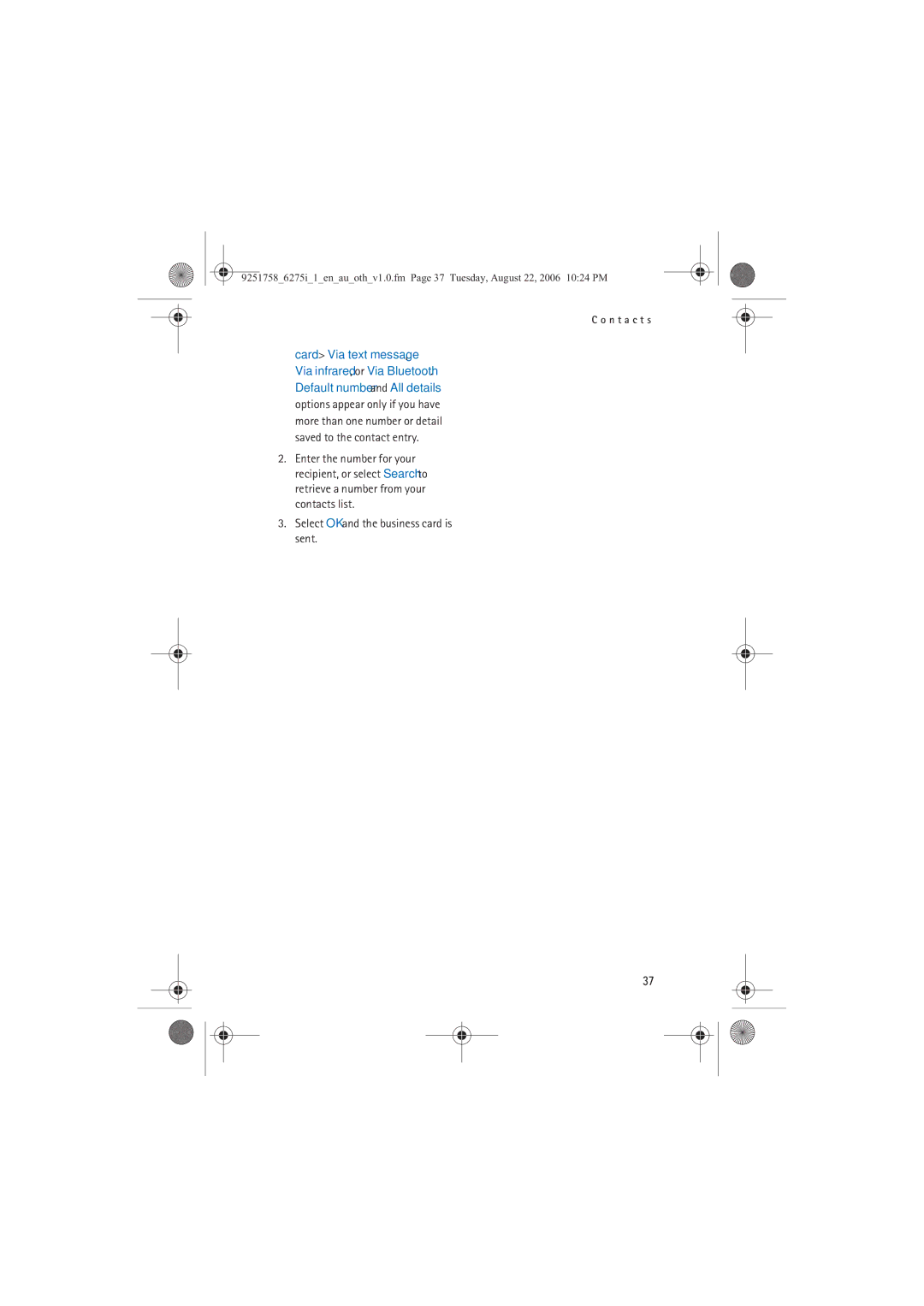 Panasonic 6275I manual Card Via text message, Select OK and the business card is sent 