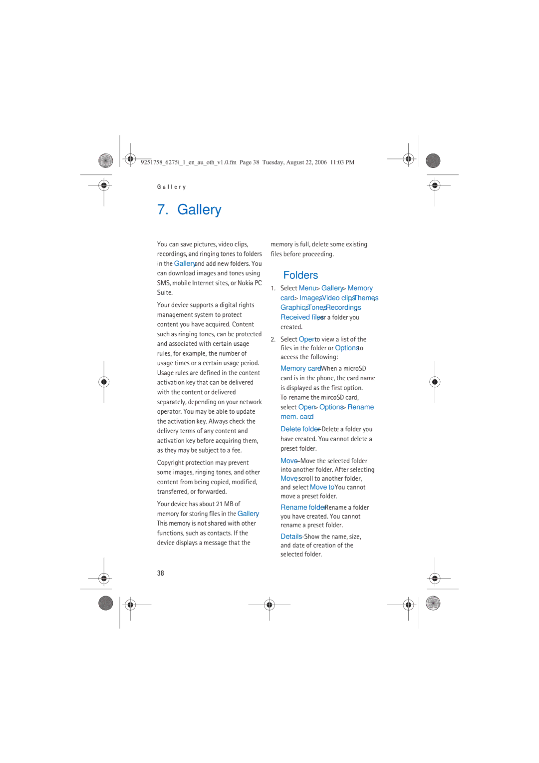 Panasonic 6275I manual Gallery, Folders 