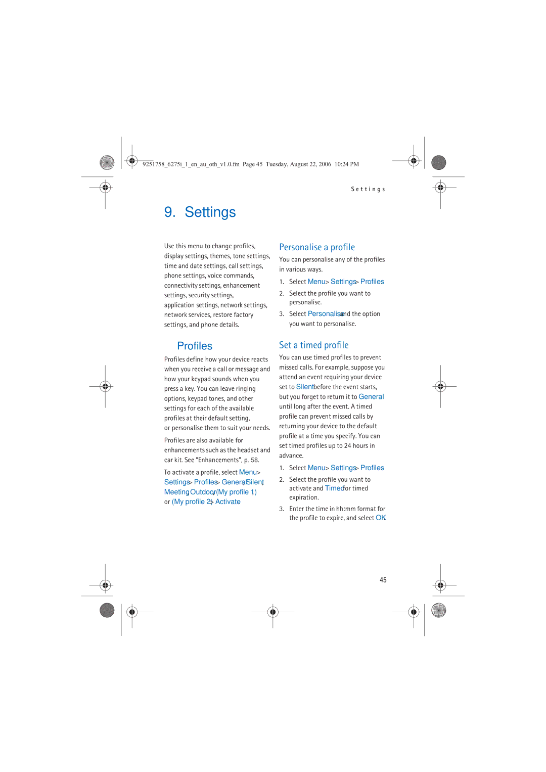 Panasonic 6275I manual Personalise a profile, Set a timed profile, Select Menu Settings Profiles 