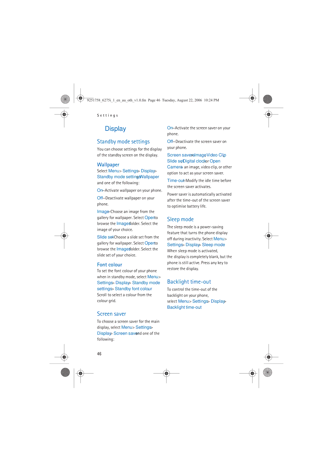 Panasonic 6275I manual Display, Standby mode settings, Sleep mode, Backlight time-out, Screen saver 