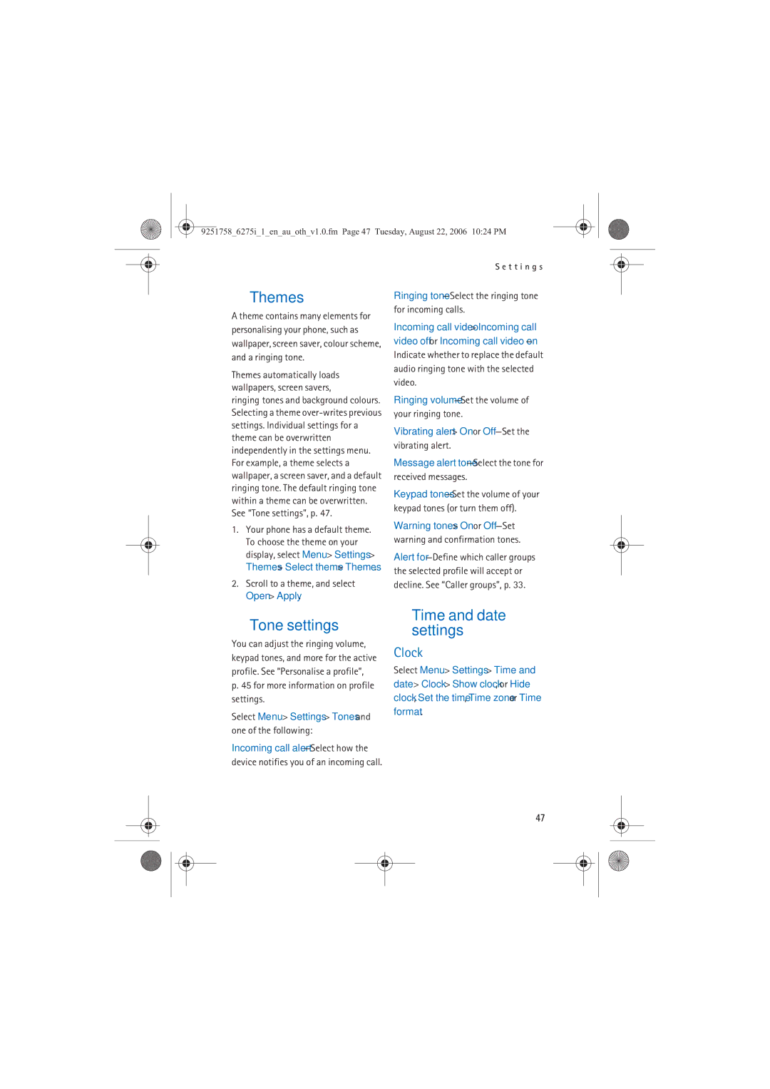 Panasonic 6275I manual Themes, Tone settings, Clock, Scroll to a theme, and select Open Apply 