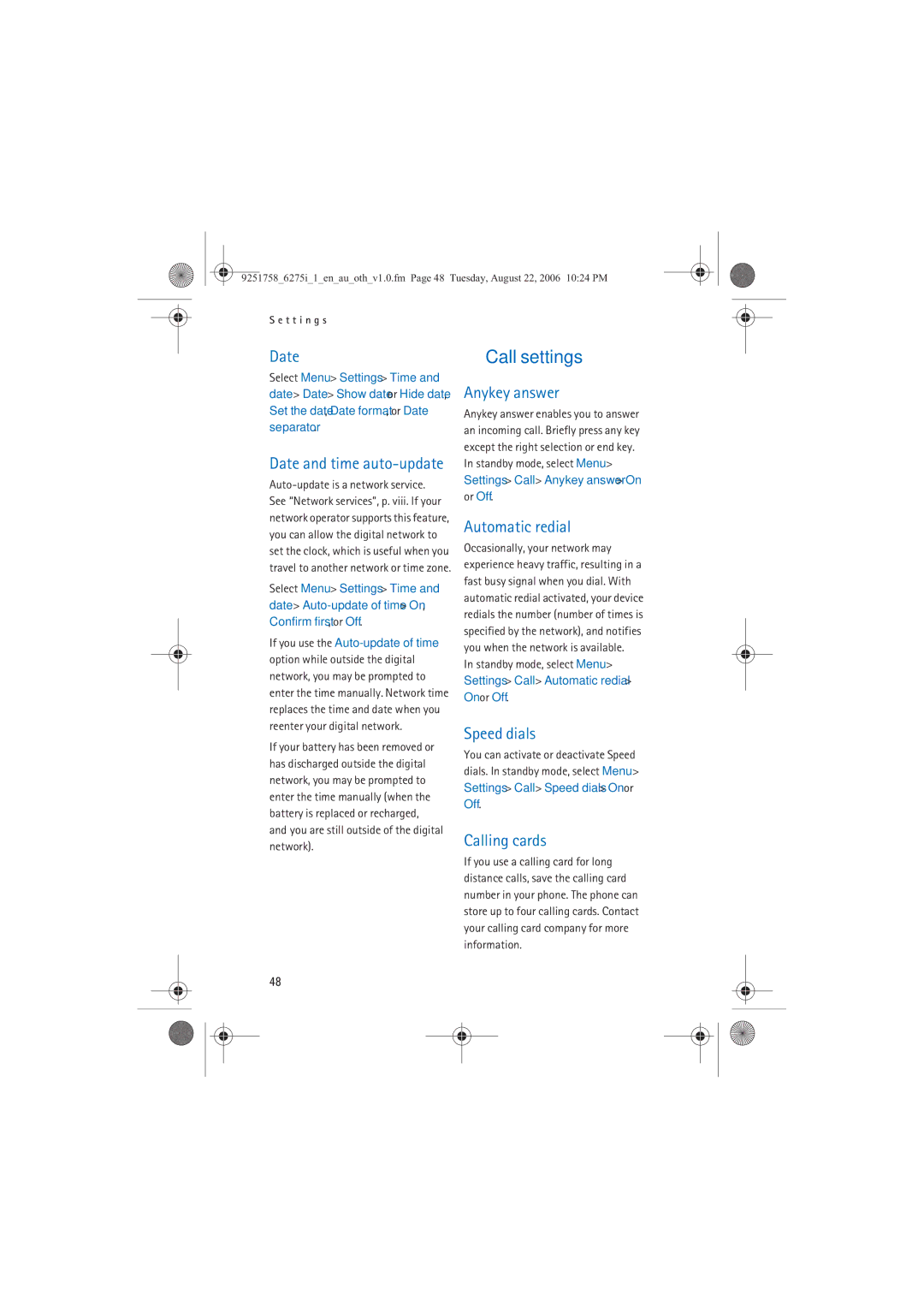 Panasonic 6275I manual Call settings 