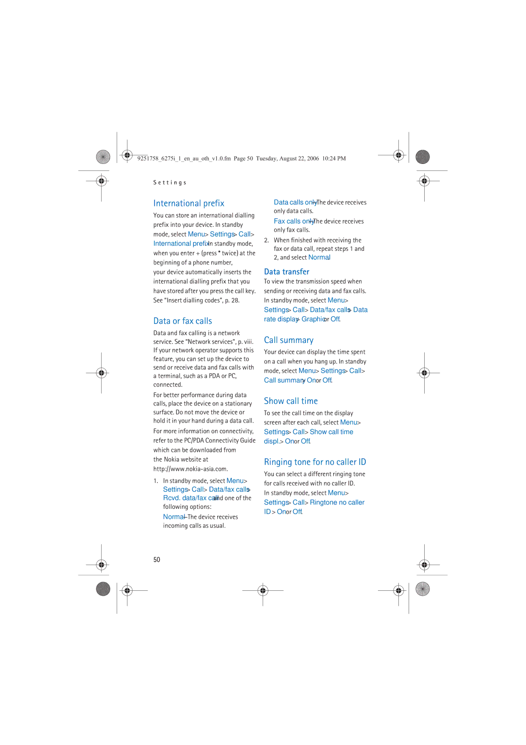 Panasonic 6275I manual International prefix, Data or fax calls, Call summary, Show call time, Ringing tone for no caller ID 