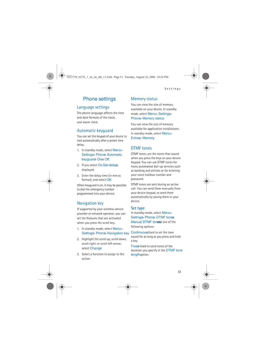 Panasonic 6275I manual Phone settings 