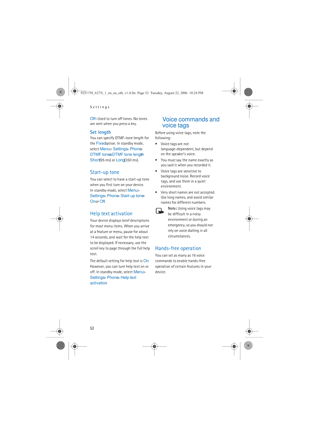 Panasonic 6275I manual Voice commands and voice tags, Start-up tone, Help text activation, Hands-free operation, Set length 