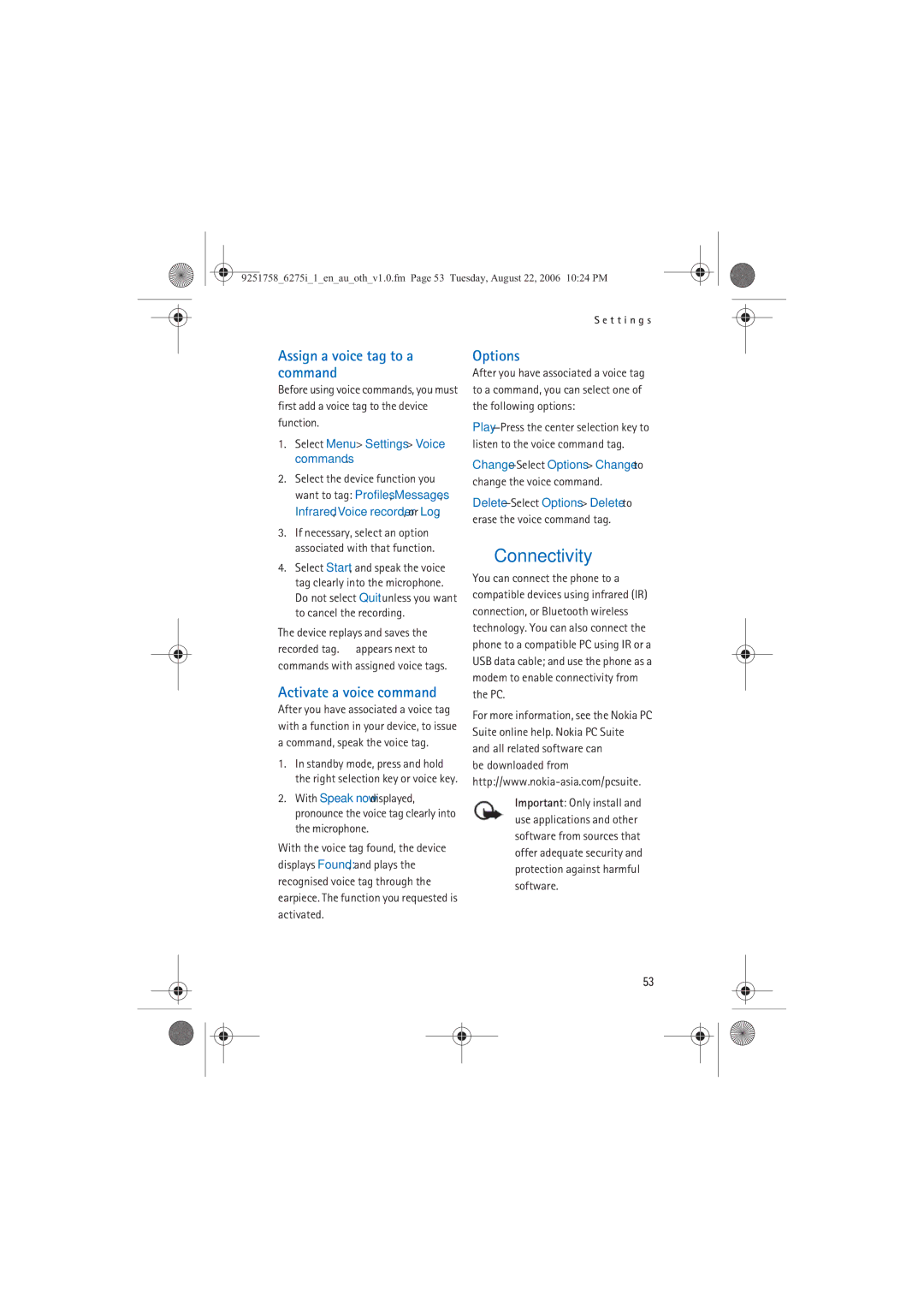 Panasonic 6275I manual Connectivity, Assign a voice tag to a command, Select Menu Settings Voice commands 