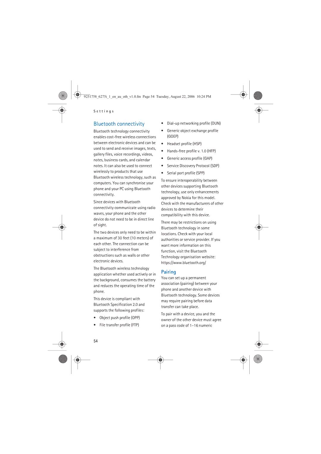 Panasonic 6275I manual Bluetooth connectivity, Pairing 