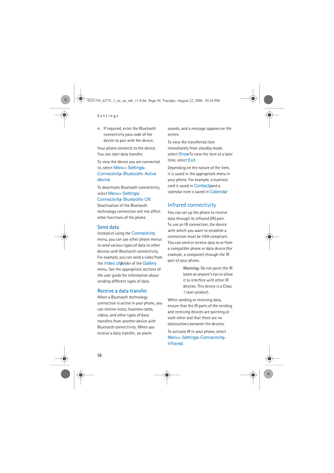 Panasonic 6275I manual Infrared connectivity, Send data, Receive a data transfer 