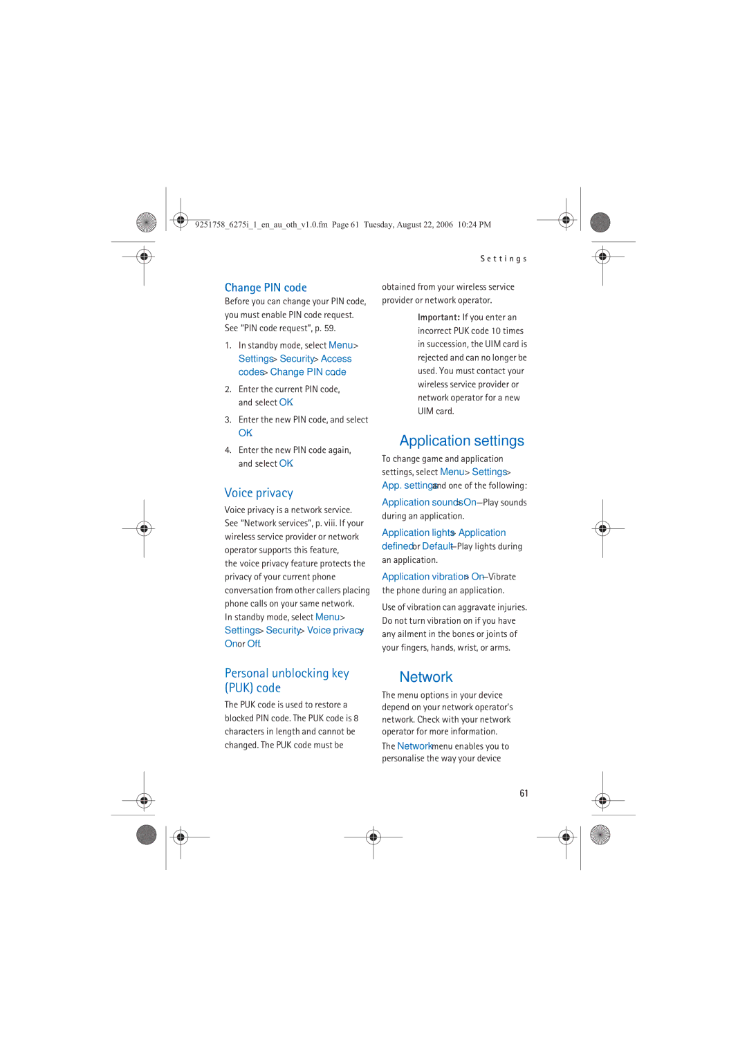 Panasonic 6275I manual Application settings, Network, Voice privacy, Personal unblocking key PUK code, Change PIN code 