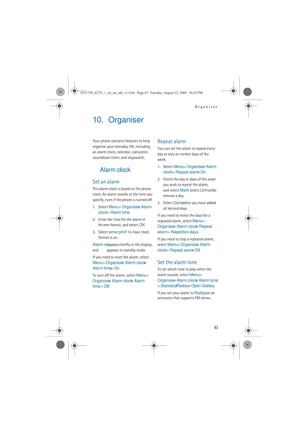 Panasonic 6275I manual Organiser, Alarm clock, Set an alarm, Repeat alarm, Set the alarm tone 