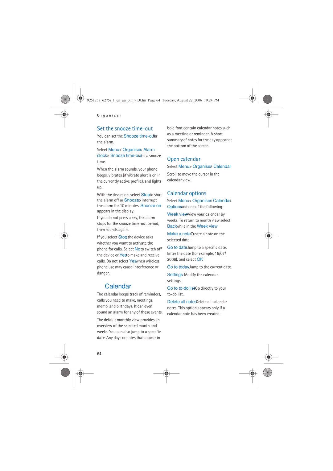 Panasonic 6275I manual Set the snooze time-out, Open calendar, Calendar options 