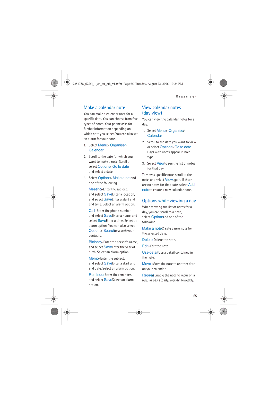 Panasonic 6275I manual Make a calendar note, View calendar notes day view, Options while viewing a day 