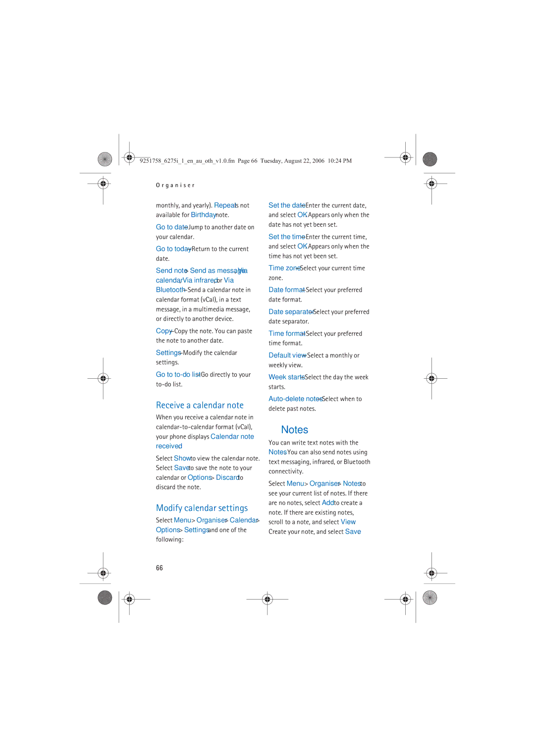 Panasonic 6275I Receive a calendar note, Modify calendar settings, Date separator-Select your preferred date separator 