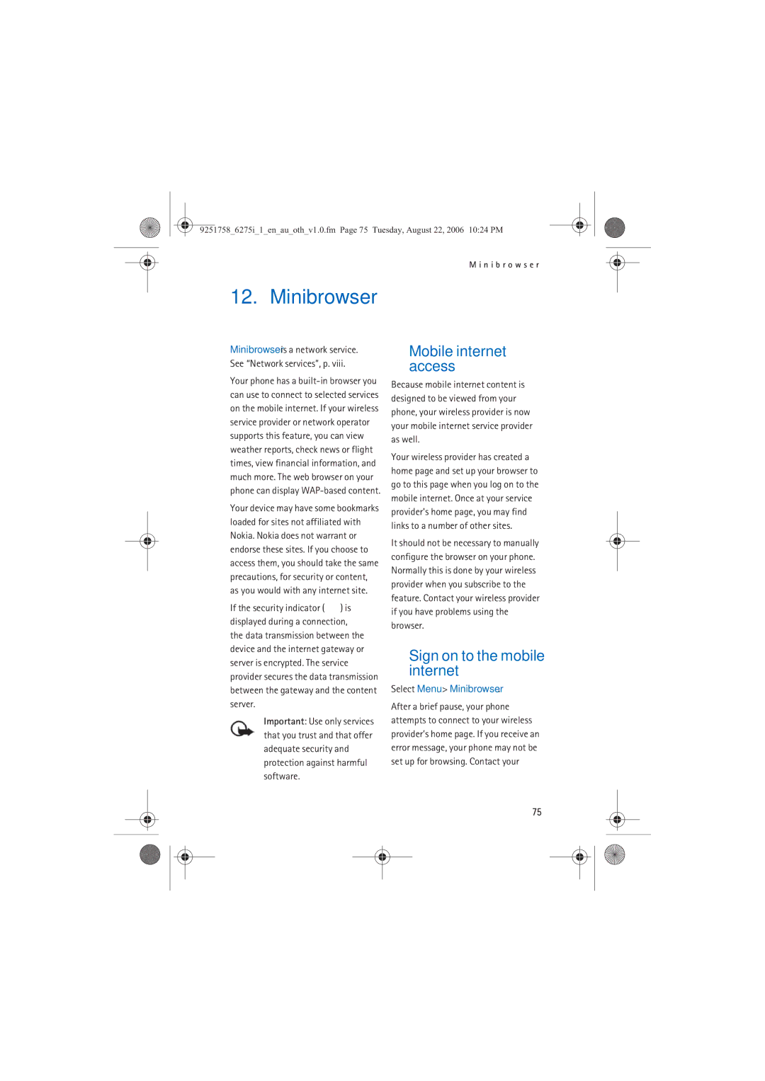 Panasonic 6275I manual Sign on to the mobile internet, Mobile internet access, Select Menu Minibrowser 