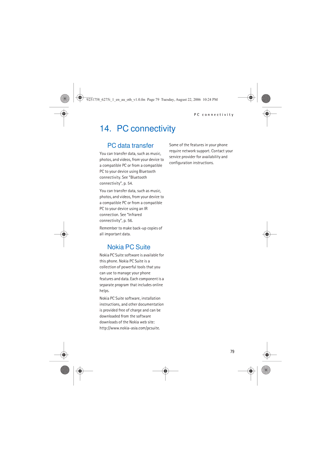 Panasonic 6275I PC connectivity, PC data transfer, Nokia PC Suite, Remember to make back-up copies of all important data 