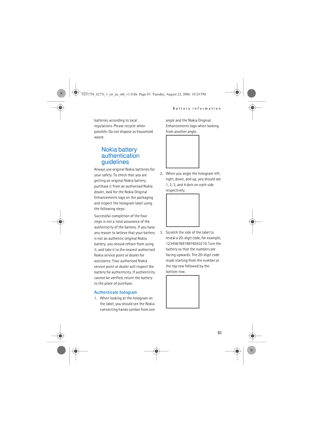 Panasonic 6275I manual Nokia battery authentication guidelines, Authenticate hologram 