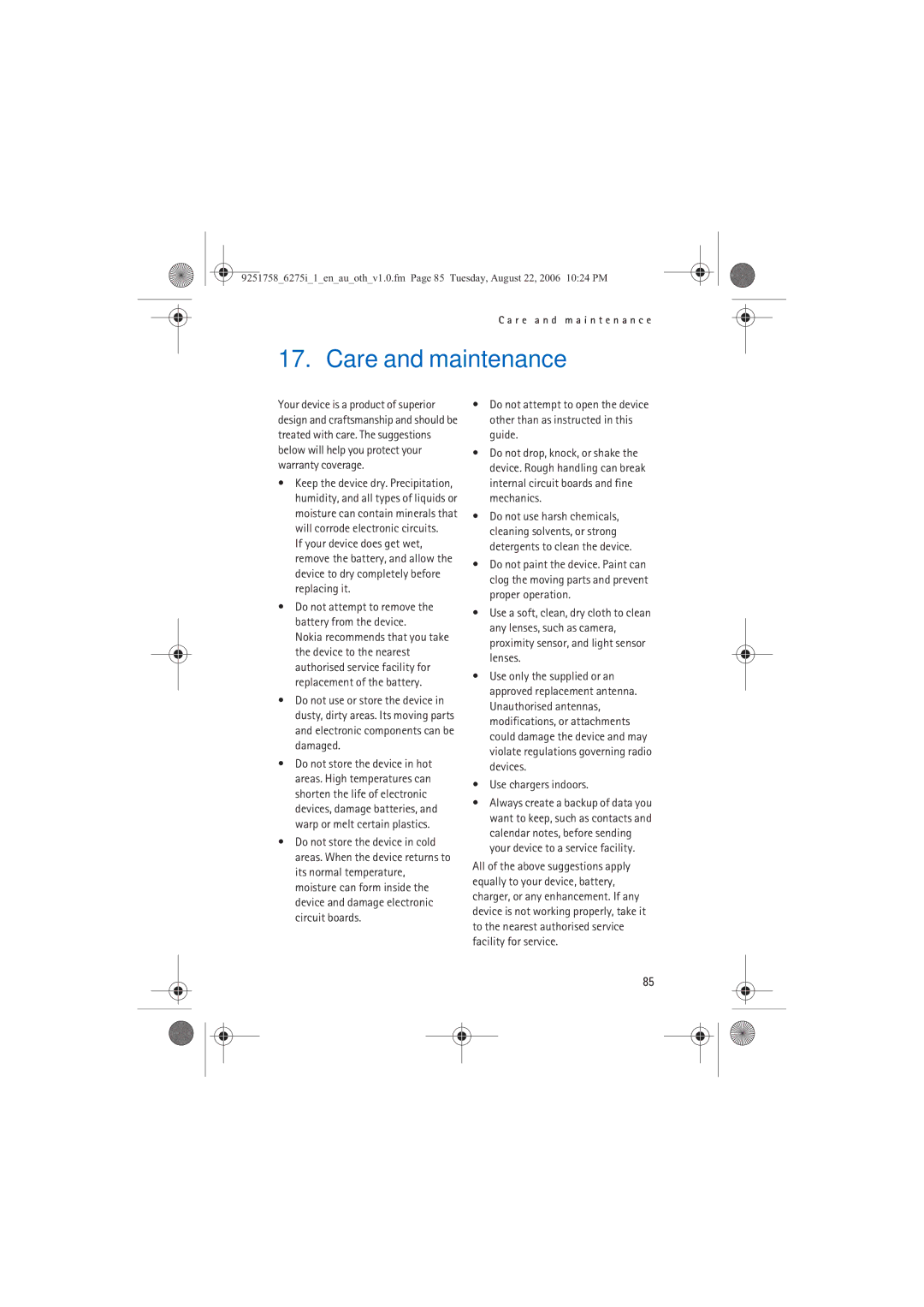 Panasonic 6275I manual Care and maintenance, Use chargers indoors 