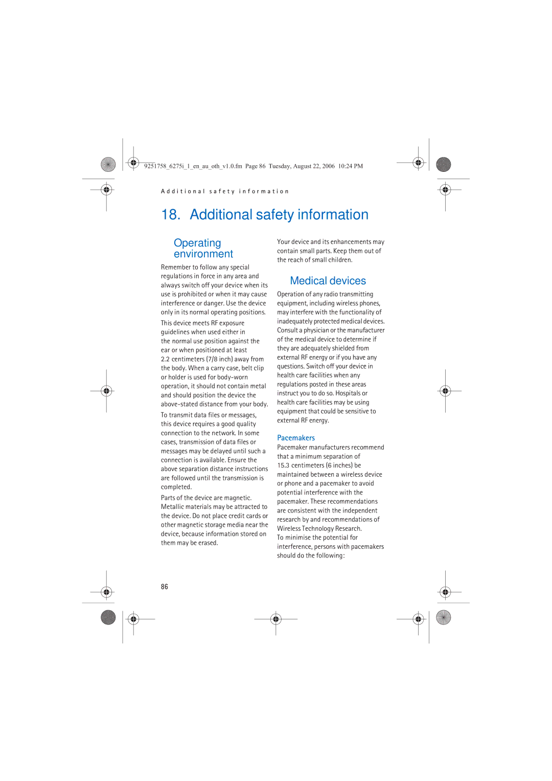 Panasonic 6275I manual Additional safety information, Medical devices, Operating environment 