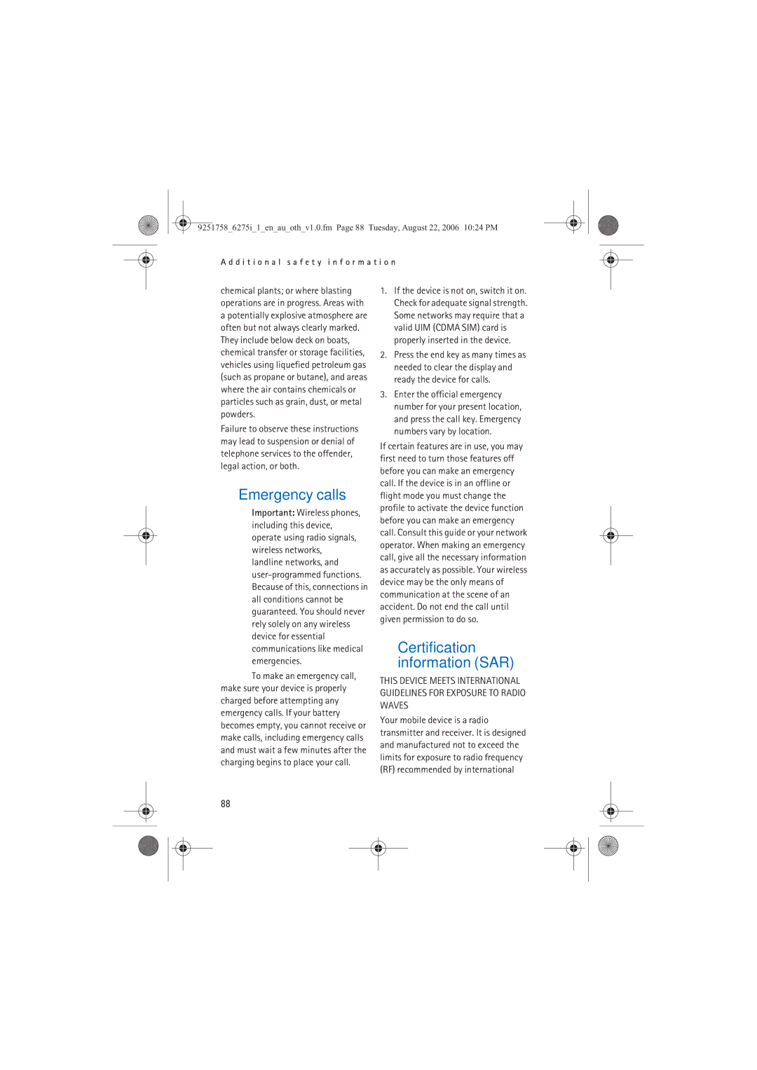 Panasonic 6275I manual Emergency calls, Certification information SAR 