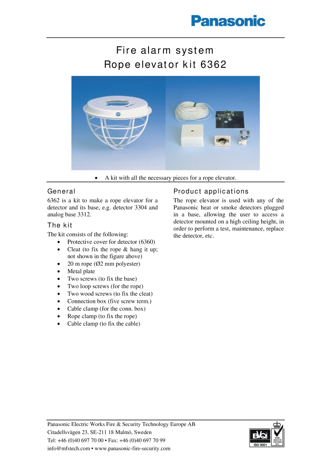 Panasonic 6362 manual Fire alarm system Rope elevator kit, General, Kit, Product applications 