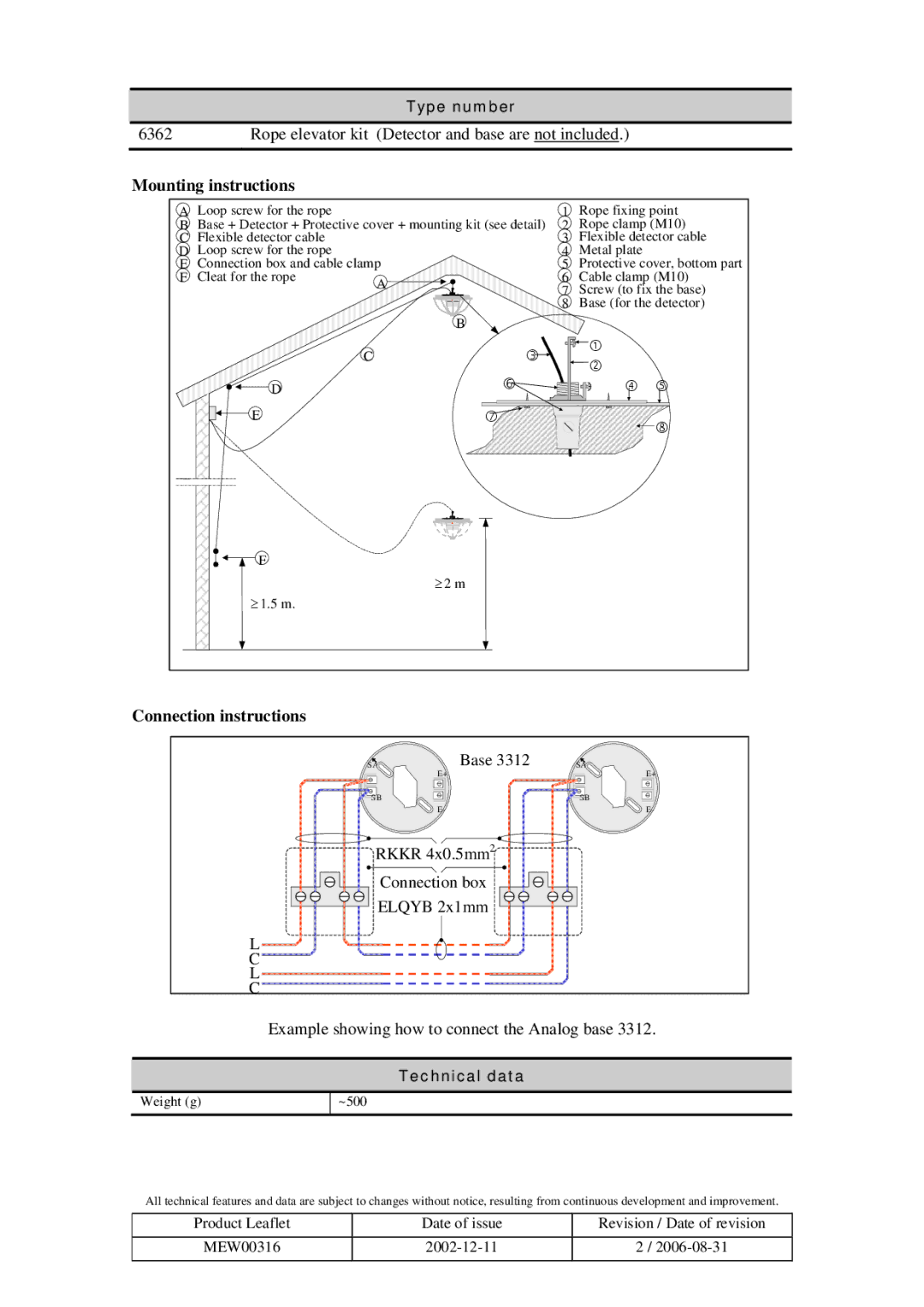 Panasonic 6362 manual Rope elevator kit Detector and base are not included, Mounting instructions, Connection instructions 