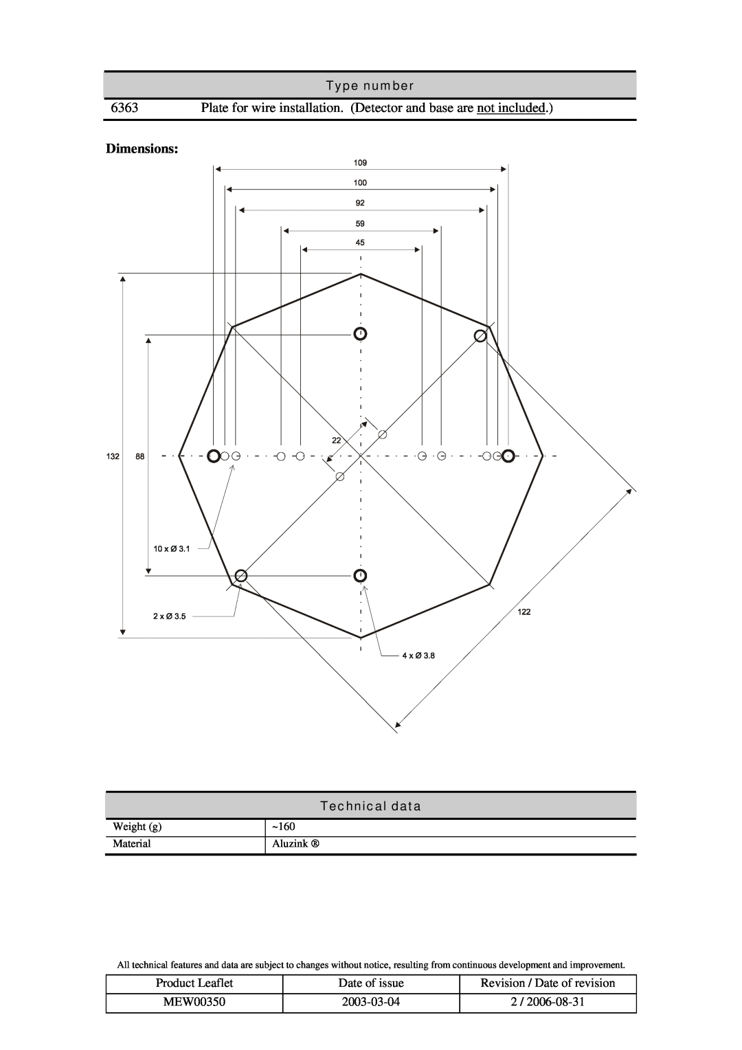 Panasonic 6363 manual Dimensions, Type number, Technical data, Weight g, ~160, Material, Aluzink 