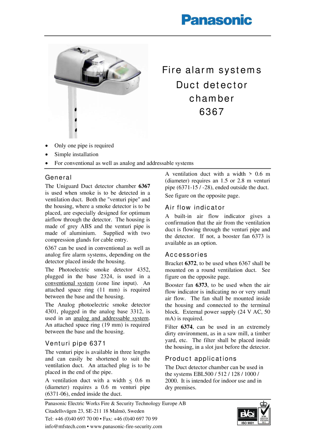 Panasonic manual Fire alarm systems Duct detector Chamber 6367 