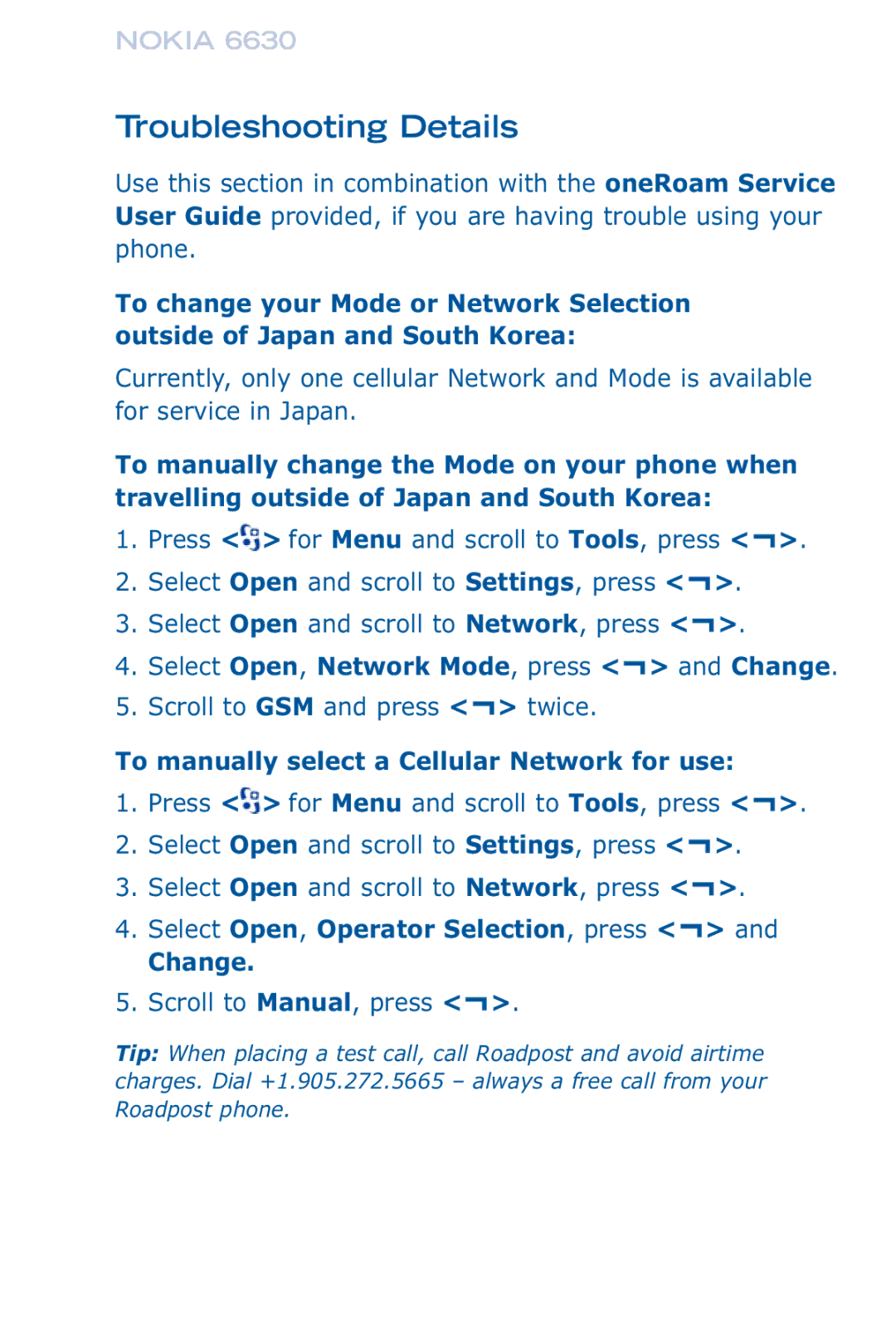 Panasonic 6630 Troubleshooting Details, To manually select a Cellular Network for use 