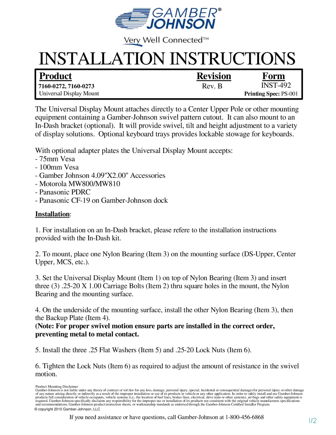 Panasonic 71600272 installation instructions Installation Instructions, Product Revision Form, Rev. B INST-492 