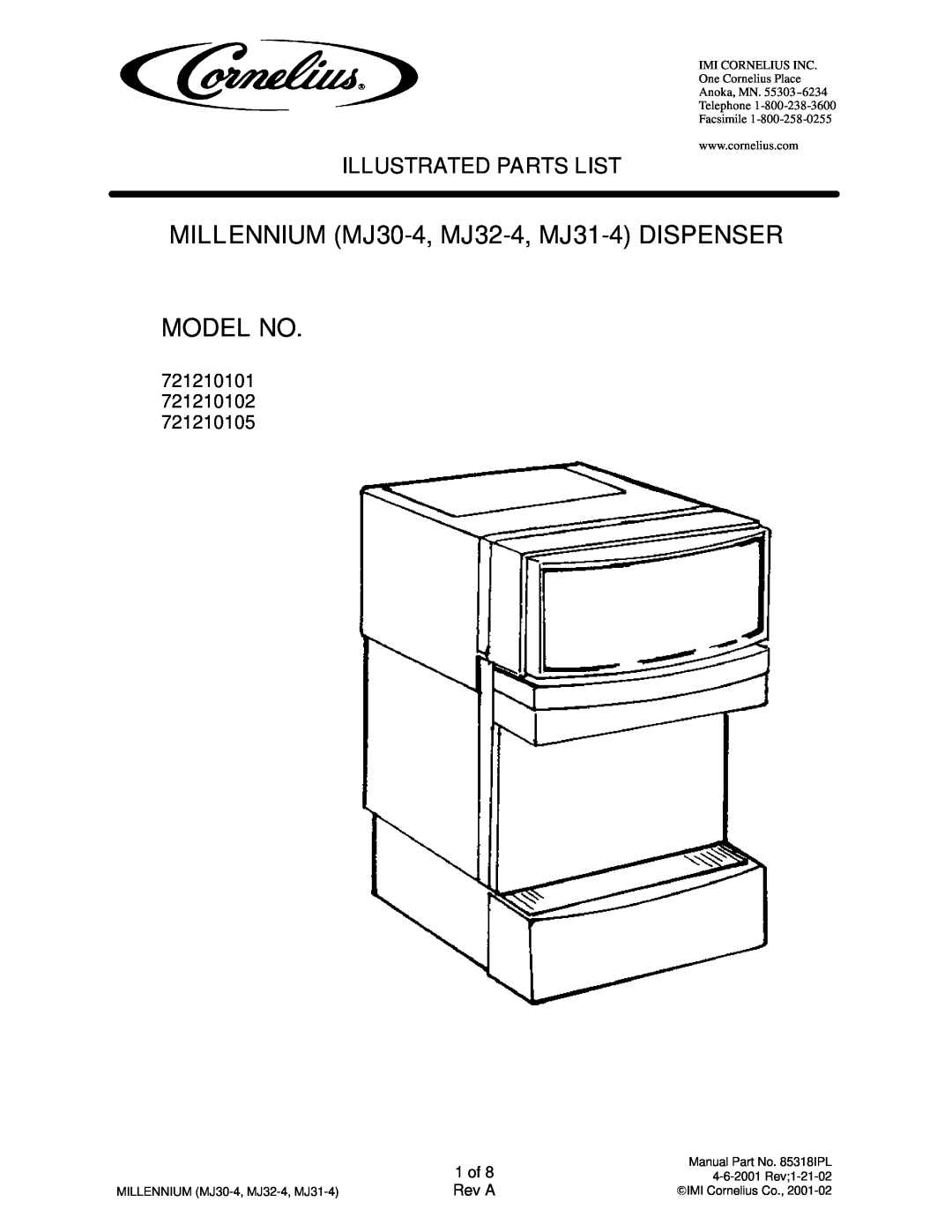 Panasonic 721210102 manual MILLENNIUM MJ30-4, MJ32-4, MJ31-4 DISPENSER MODEL NO, Illustrated Parts List, 1 of, Rev A 