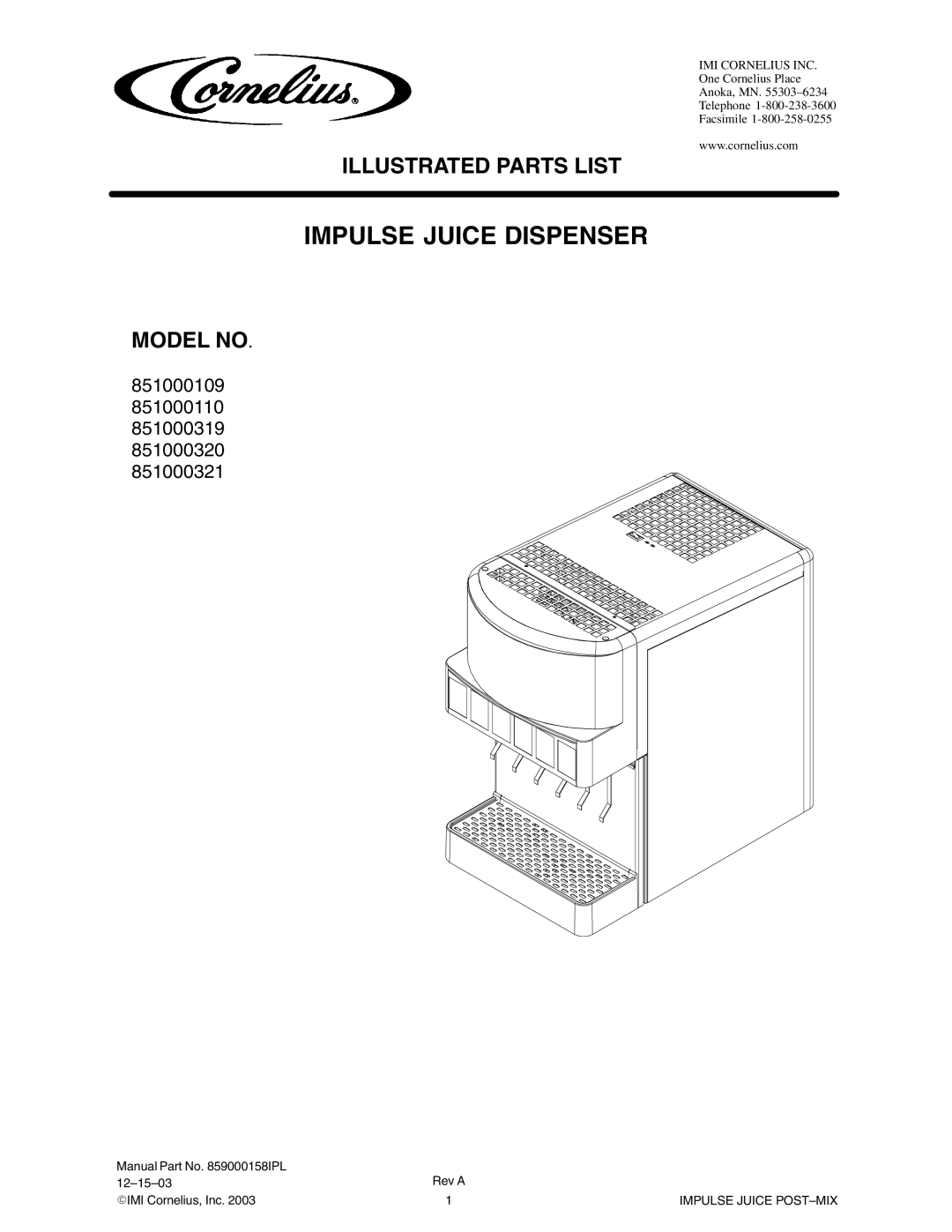 Panasonic 851000319, 851000110, 851000109, 851000320, 851000321 manual Impulse Juice Dispenser 