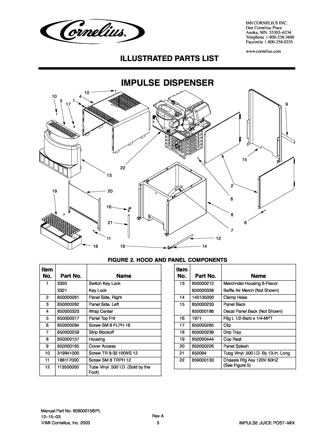 Panasonic 851000320, 851000110, 851000319 manual Impulse Dispenser, Illustrated Parts List, Hood And Panel Components, Name 