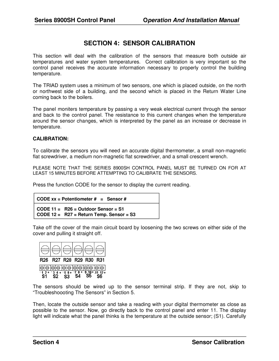 Panasonic 8900 SH installation manual Sensor Calibration 