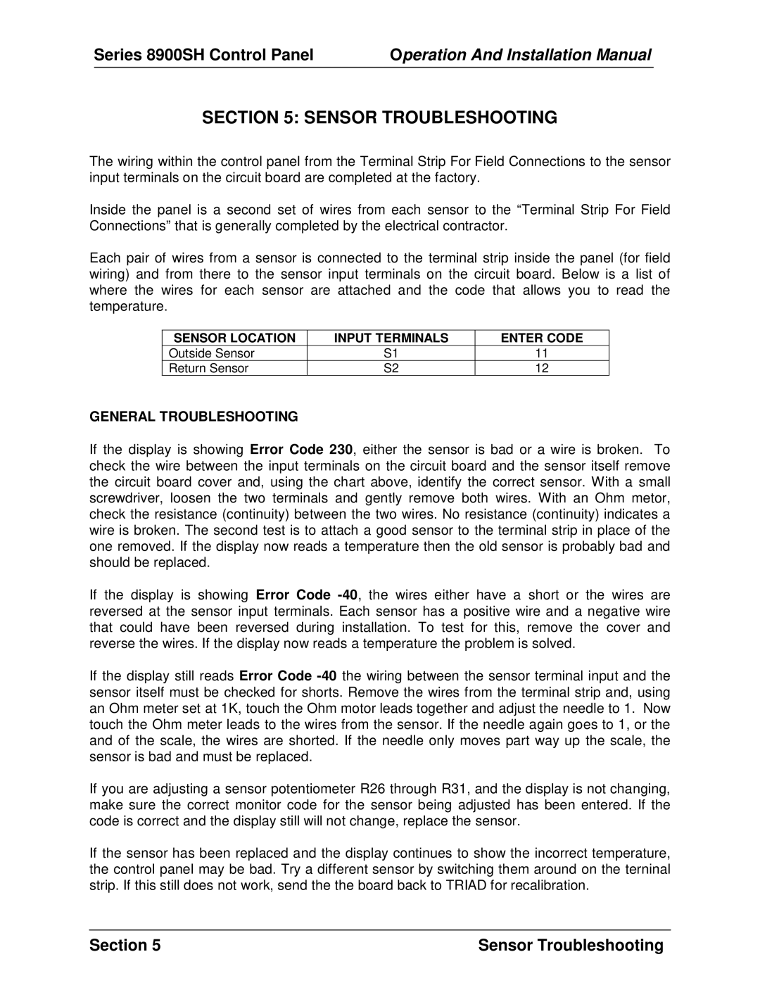 Panasonic 8900 SH installation manual Sensor Troubleshooting, General Troubleshooting 