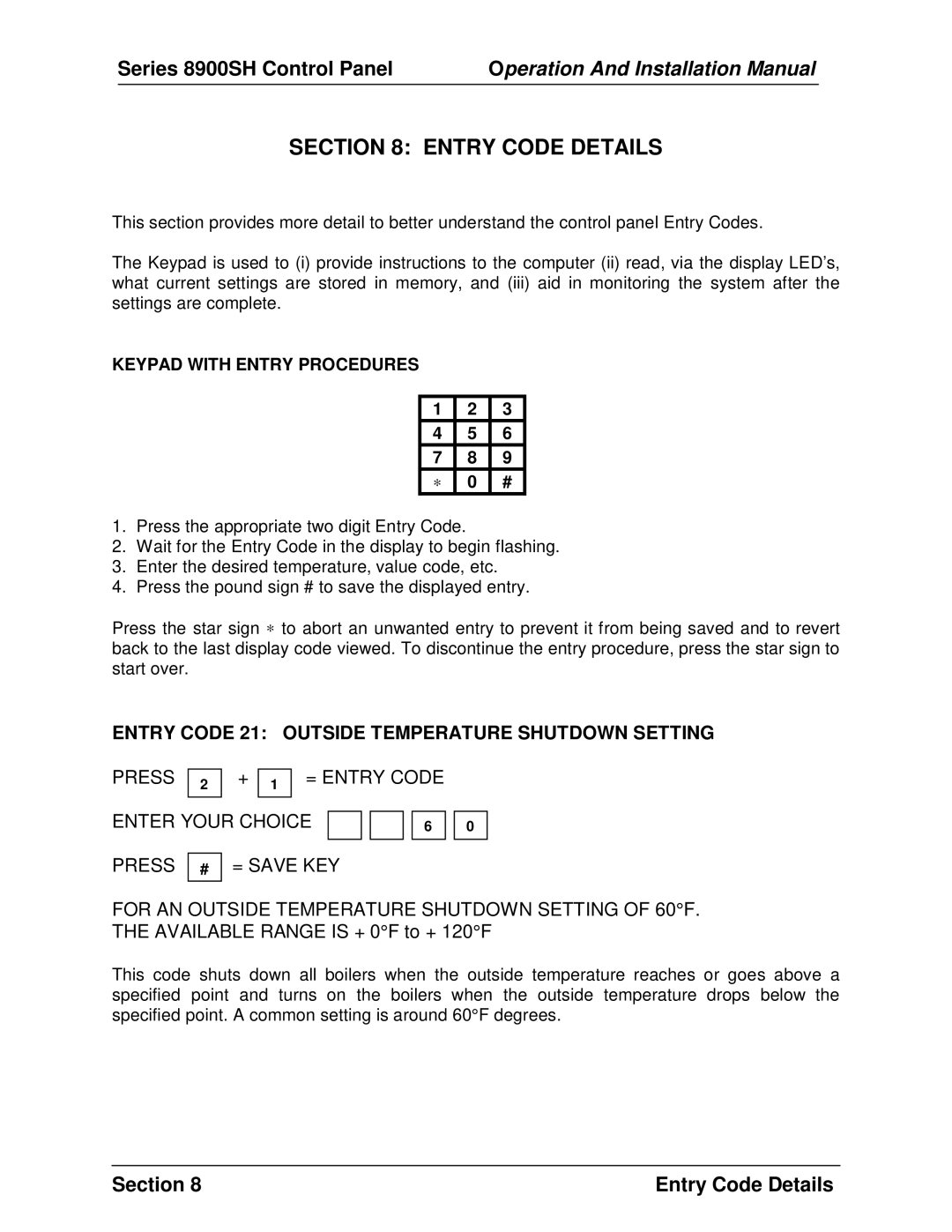 Panasonic 8900 SH installation manual Entry Code Details, Entry Code 21 Outside Temperature Shutdown Setting 