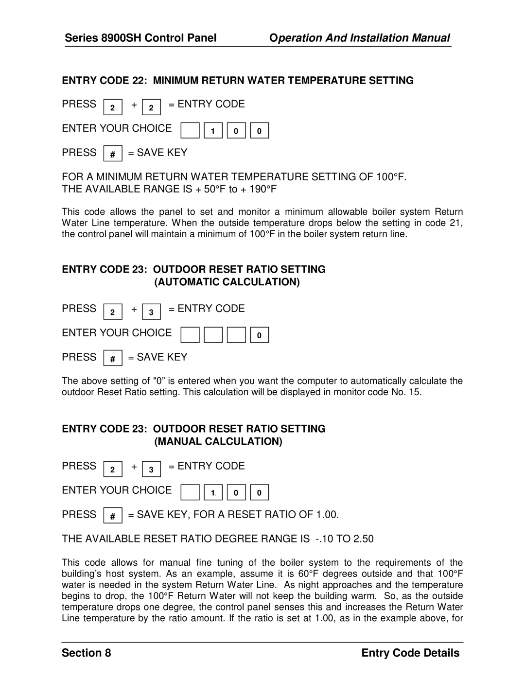 Panasonic 8900 SH installation manual Entry Code 22 Minimum Return Water Temperature Setting, Enter Your Choice 