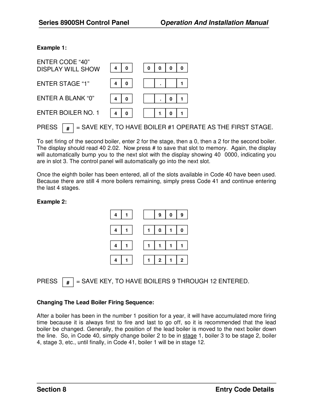 Panasonic 8900 SH installation manual Press = Save KEY, to have Boilers 9 Through 12 Entered 