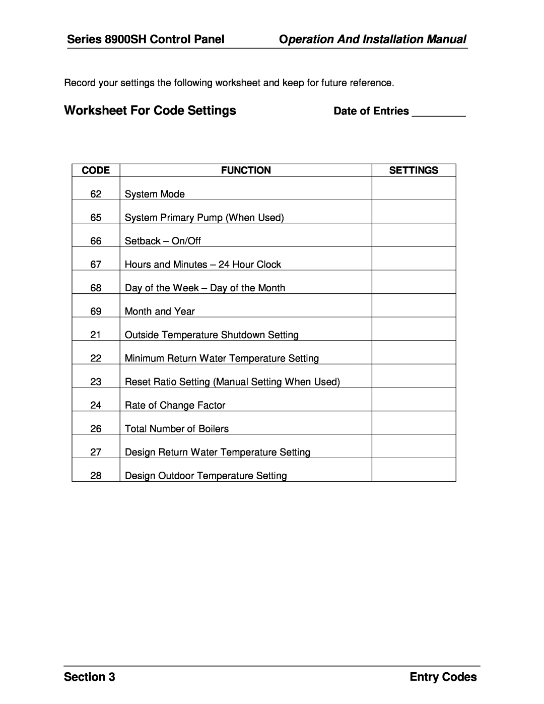 Panasonic 8900 SH Worksheet For Code Settings, Date of Entries, Series 8900SH Control Panel, Section, Entry Codes 