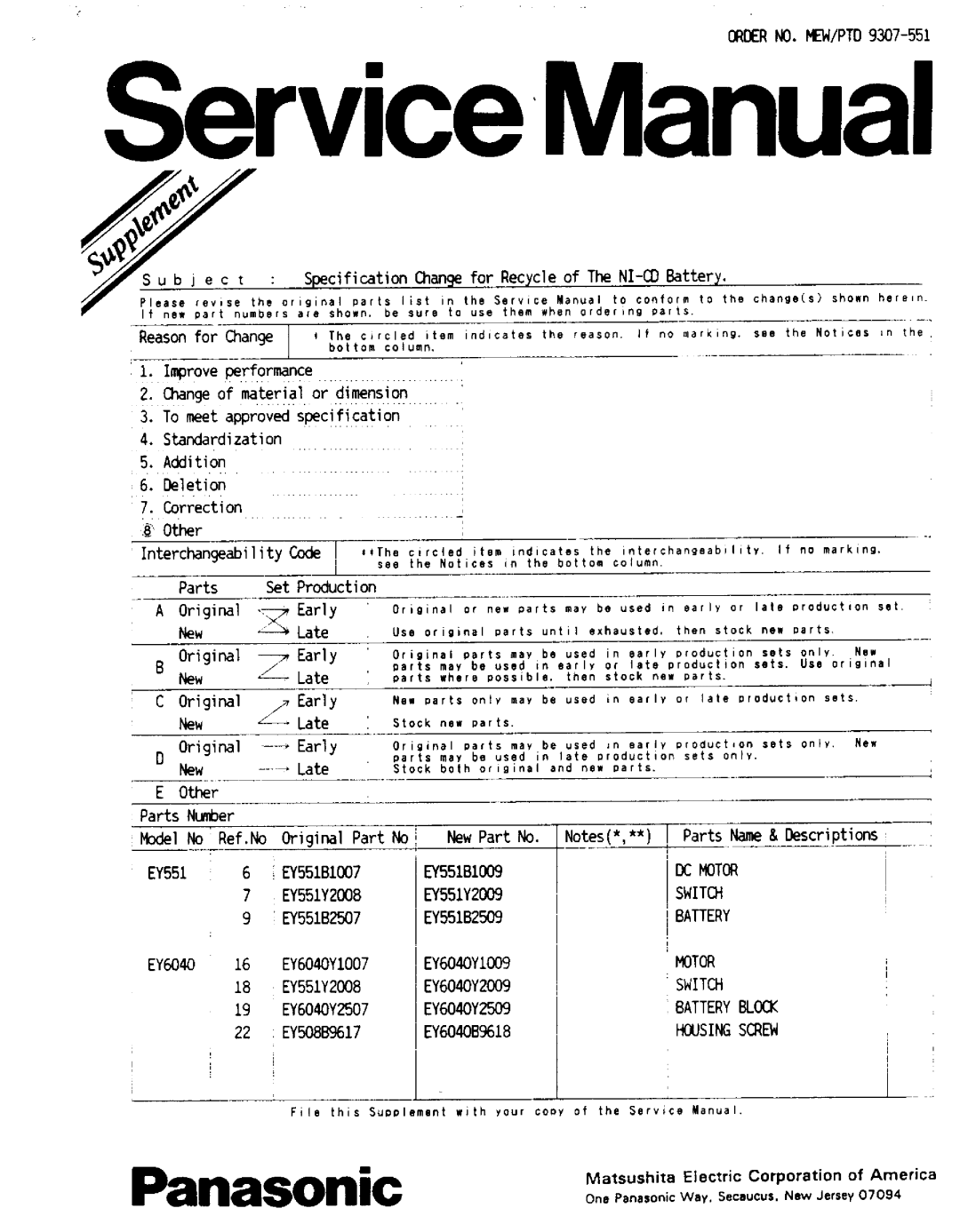 Panasonic 9307-551 manual 