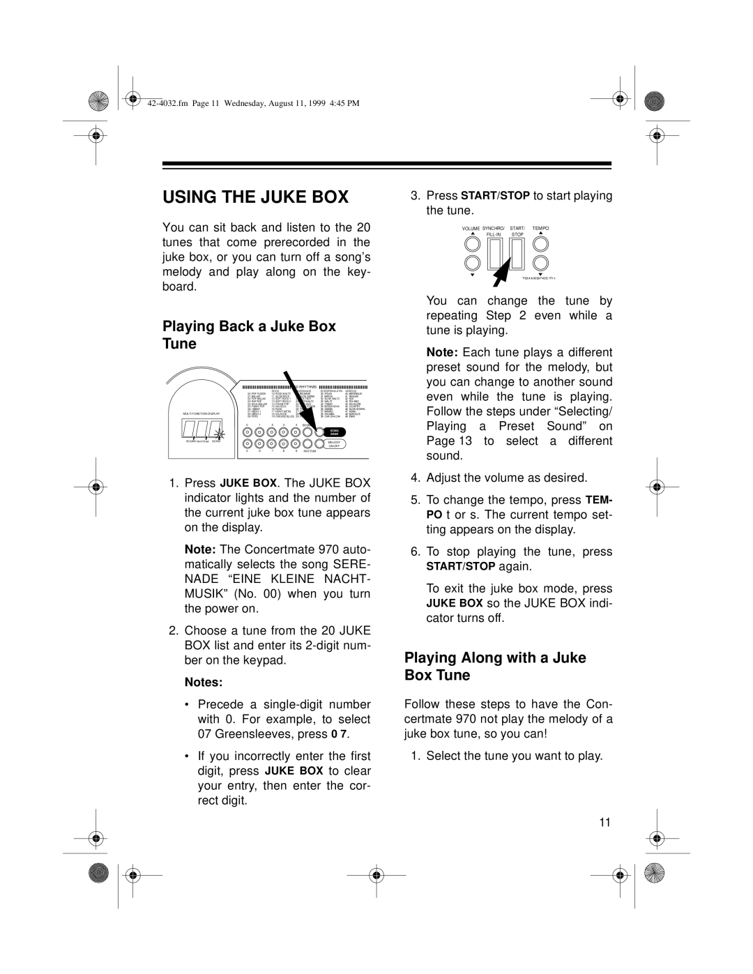 Panasonic 970 owner manual Using the Juke BOX, Playing Back a Juke Box Tune, Playing Along with a Juke Box Tune 