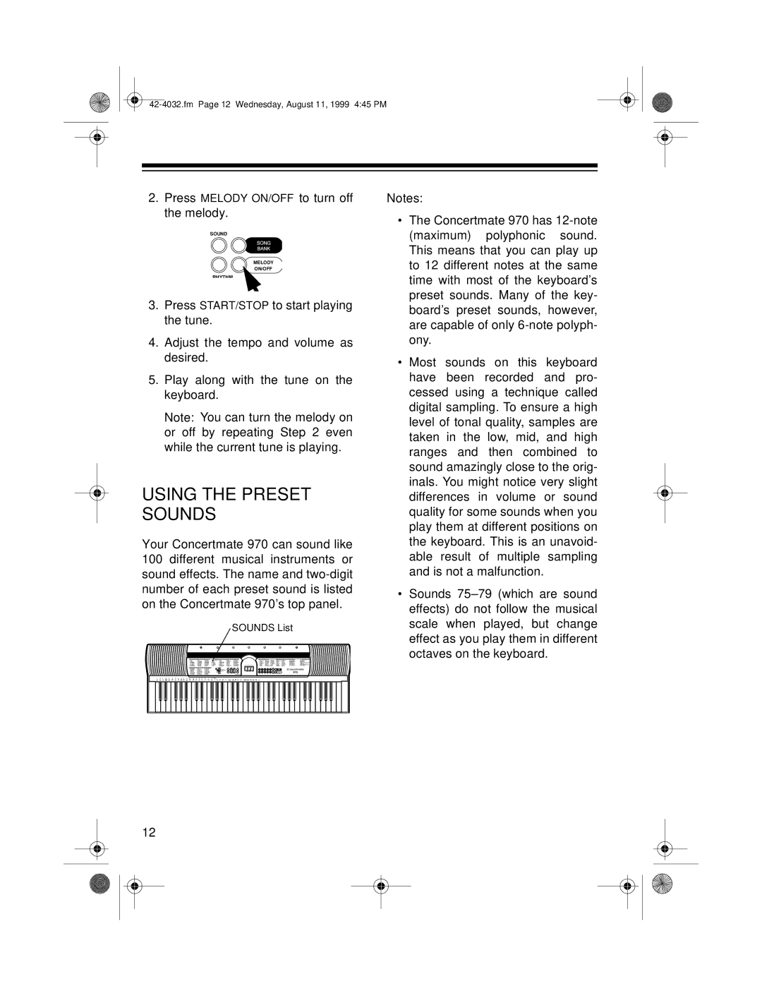 Panasonic 970 owner manual Using the Preset Sounds 