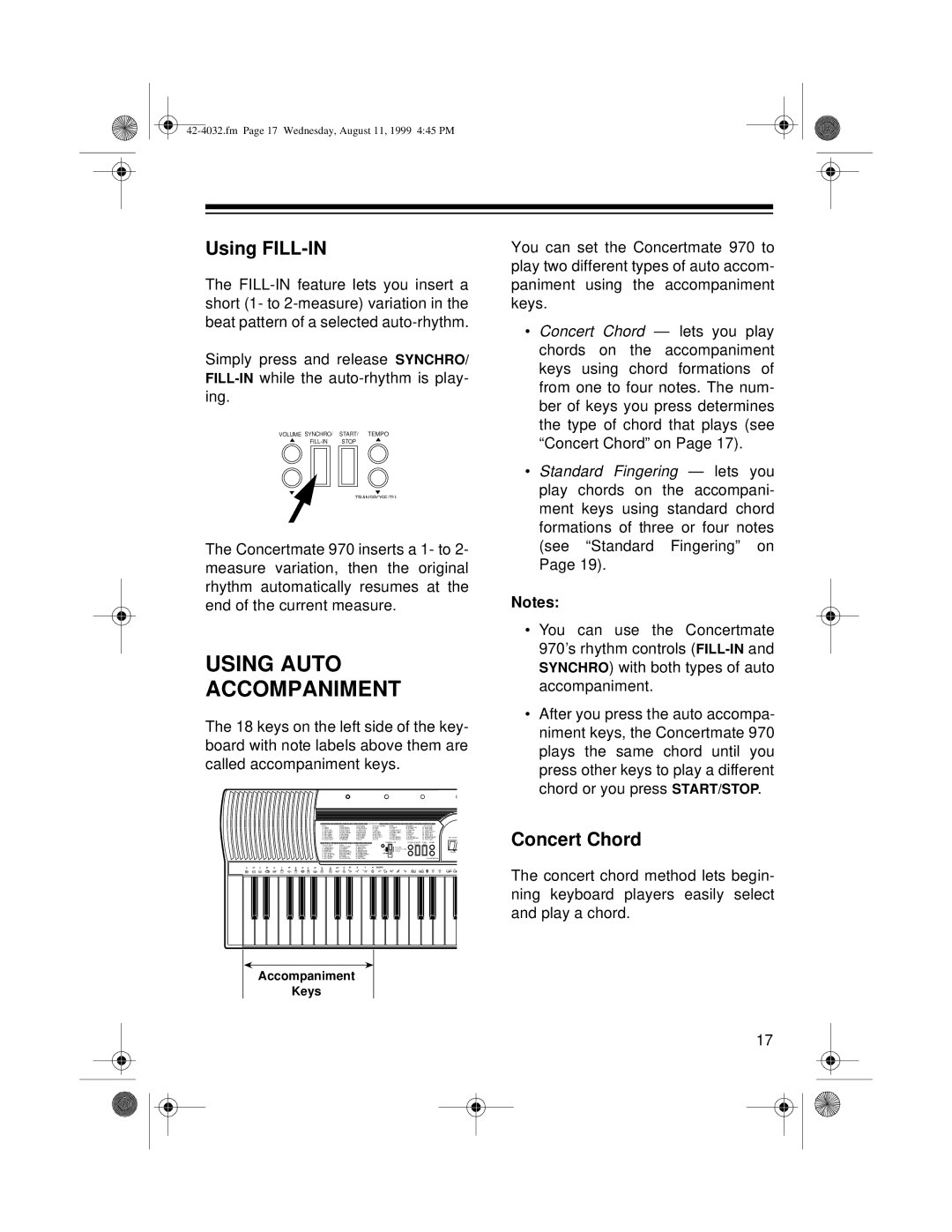 Panasonic 970 owner manual Using Auto Accompaniment, Using FILL-IN, Concert Chord 