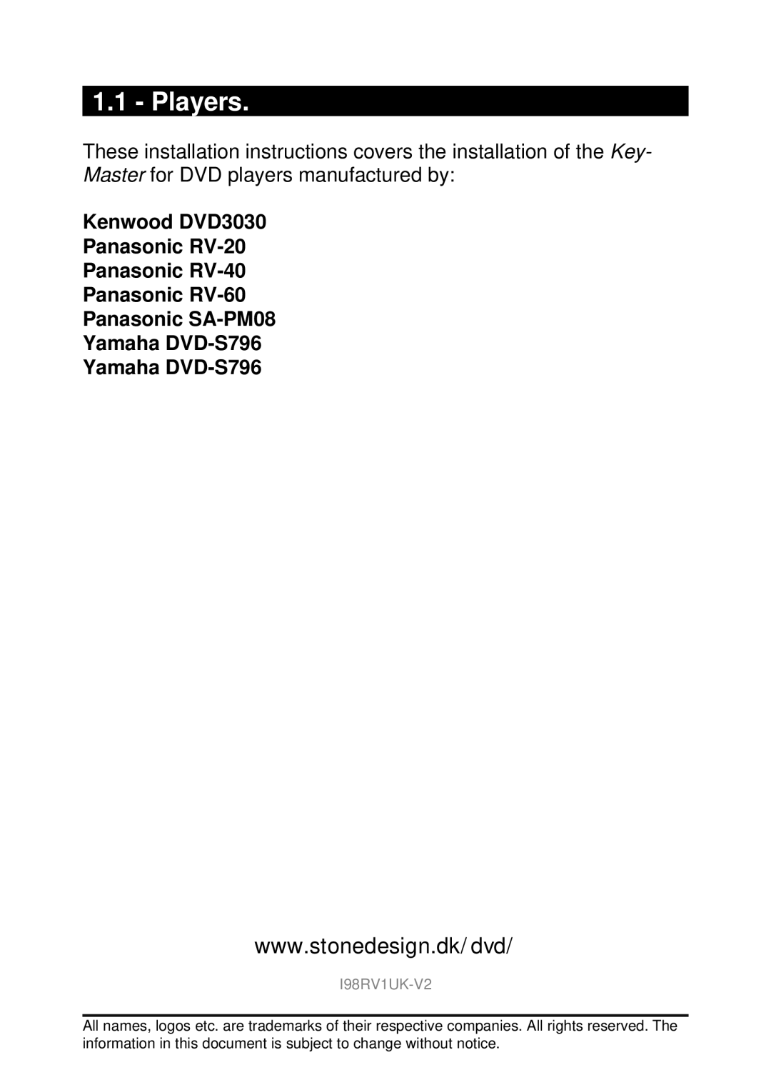 Panasonic installation manual Players, I98RV1UK-V2 