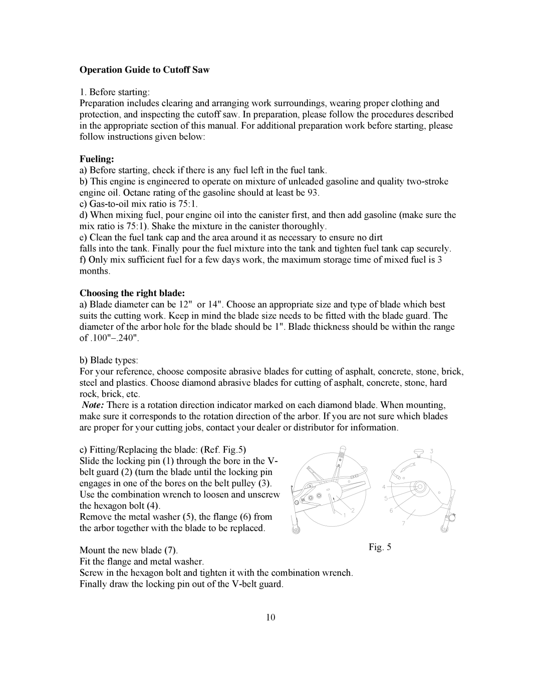 Panasonic 999000 owner manual Operation Guide to Cutoff Saw, Fueling, Choosing the right blade 